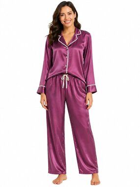 Natori Private Luxuries Magenta White Trim Satin Pajamas